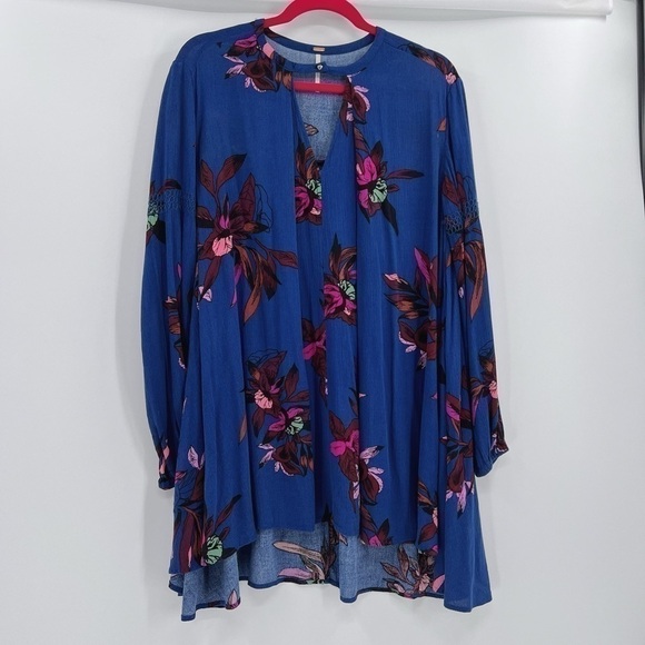 FREE PEOPLE S Tree Swing Tunic Top Mini Dress Blue Floral Cutout Flowy Boho XS - Picture 9 of 16